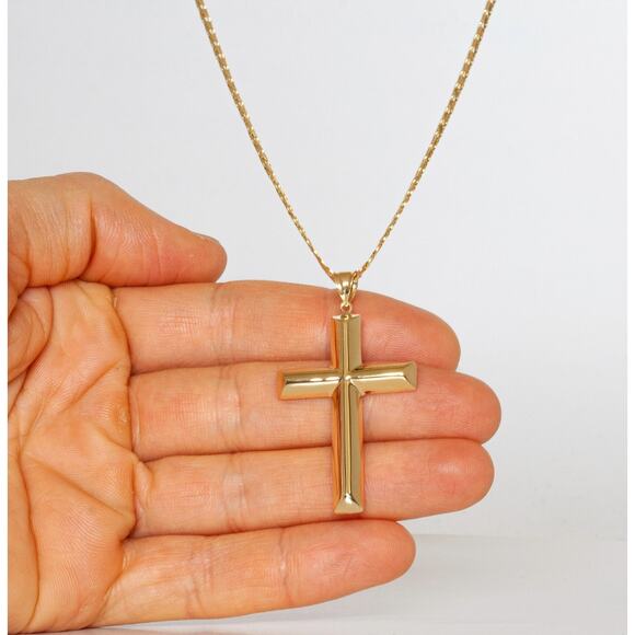 Real 10K Gold Cross Necklace, Solid Gold Curb Chain, Gift for Him Stamped 10K - Picture 4 of 5